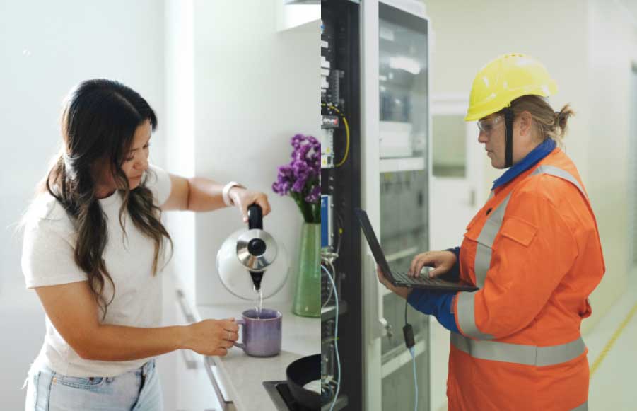 woman pouring water from jug and woman plugging laptop into computer systems