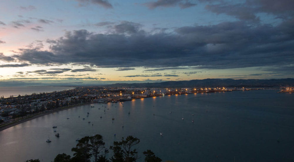 evening arial view of Tauranga port