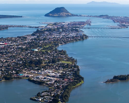 An aerial view of Tauranga's CBD and the harbour.