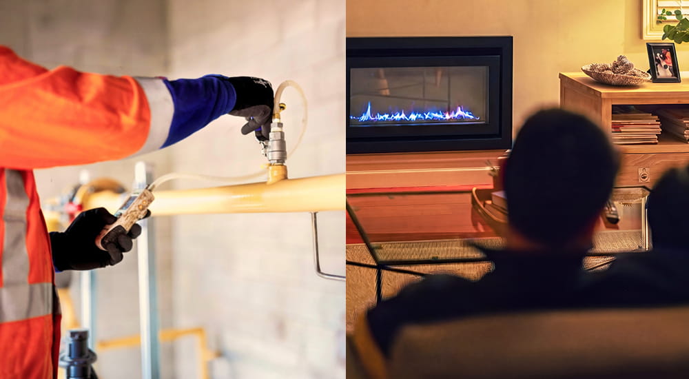 person checking gas valve and people sitting in front of gas fireplace