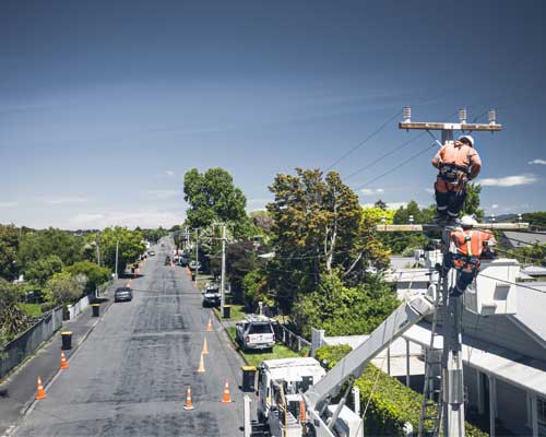 Arial shot of electricity work being completed in Greytown