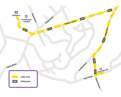Graphic map illustration of route of Taranaki Base Hospital cable
