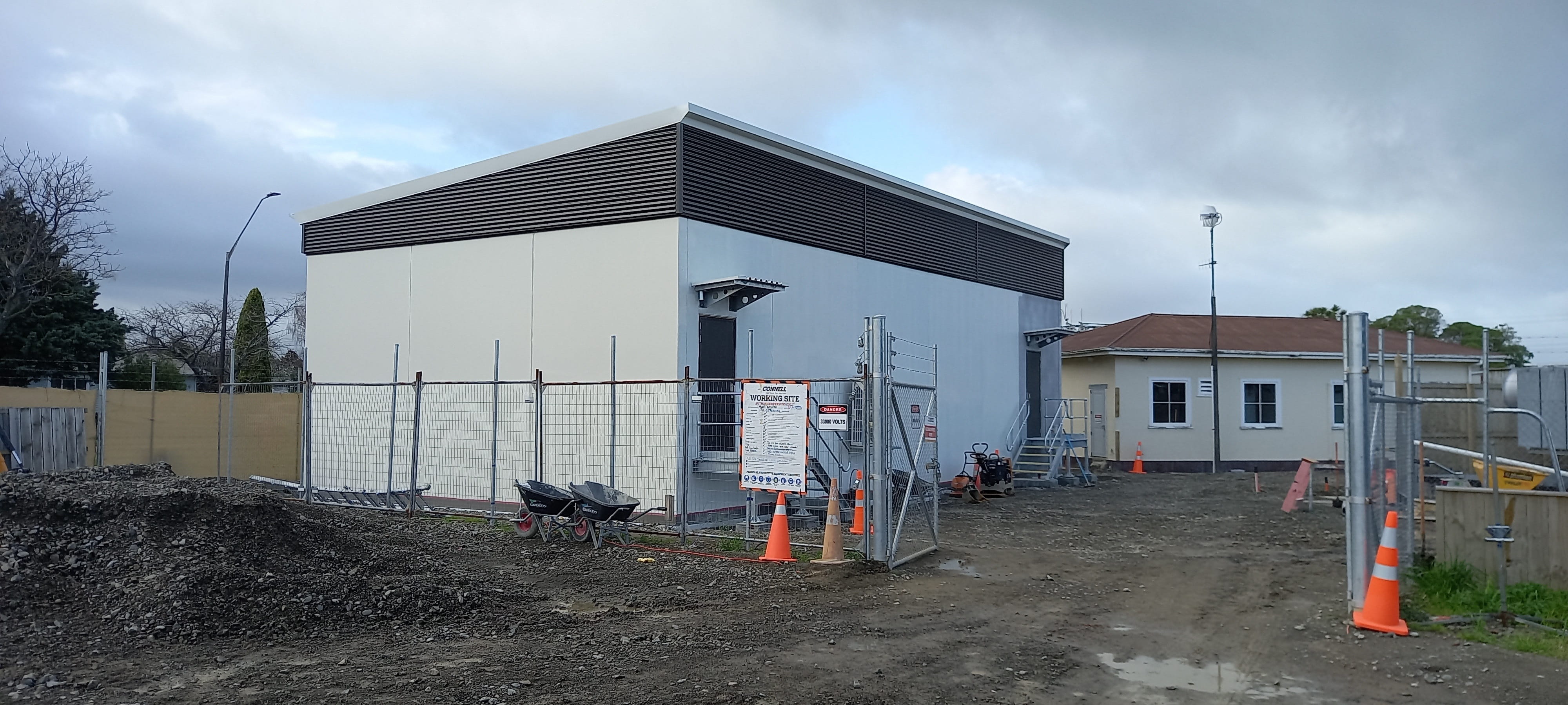The concrete outside of a new substation building